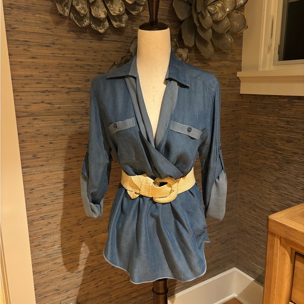 Etcetera Denim Blue Wrap Top with Cream Belt